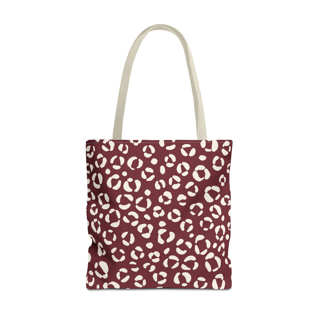 Burgundy Cream Leopard Print Tote Bag with cream handles, front packshot