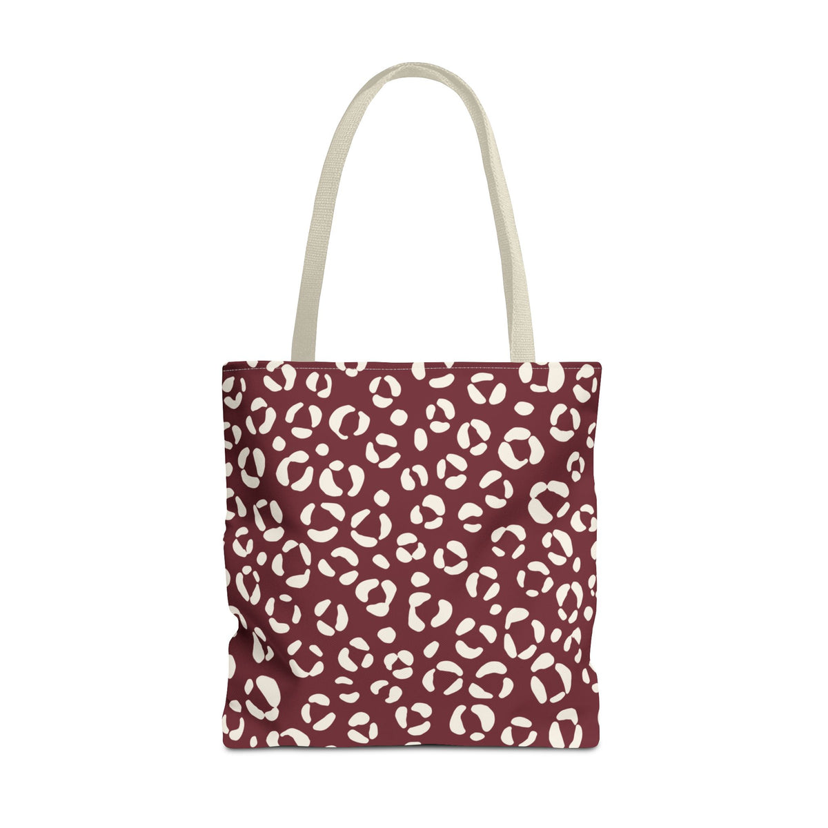 Burgundy Cream Leopard Print Tote Bag with cream handles, front packshot