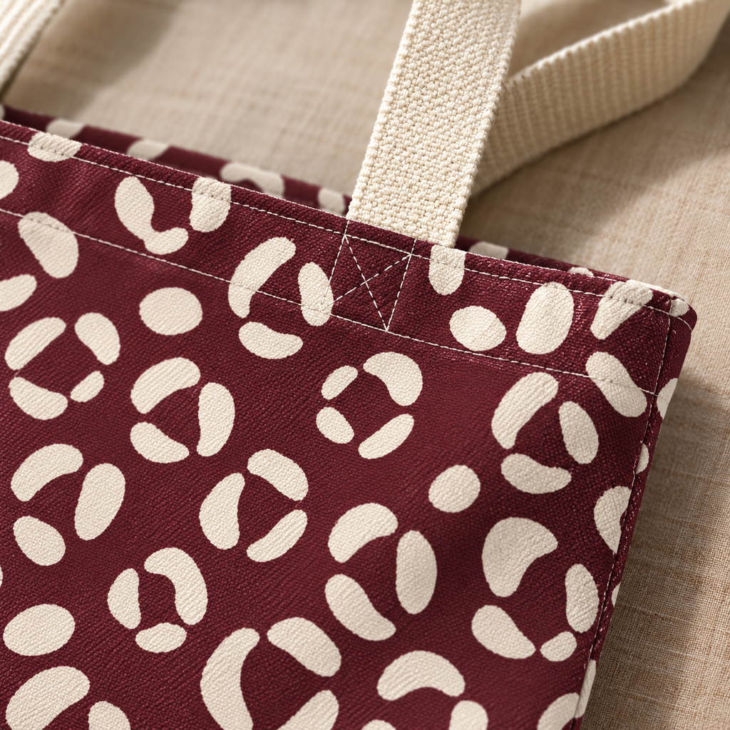 Close-up of cream leopard spots on burgundy fabric and the tote bag handle