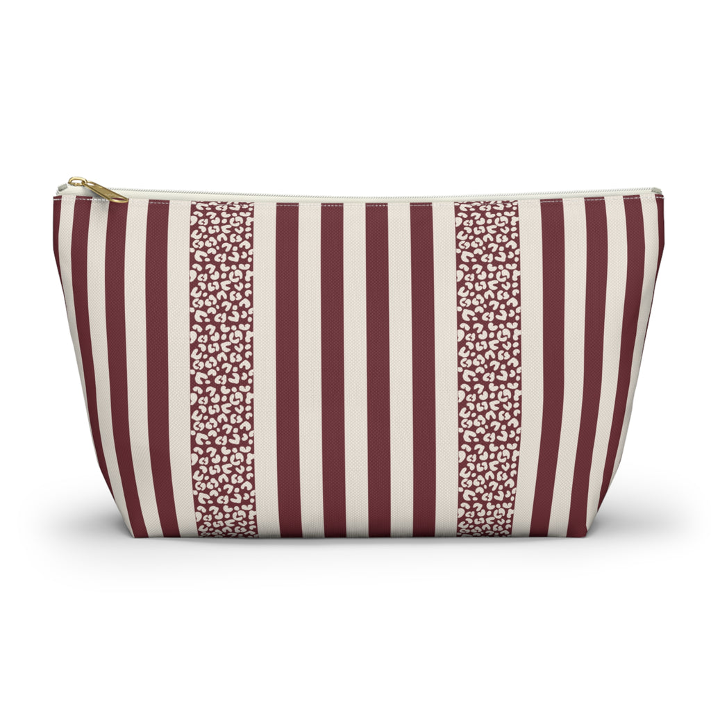 Burgundy Cream Leopard Striped Makeup Bag with gold zipper, front packshot