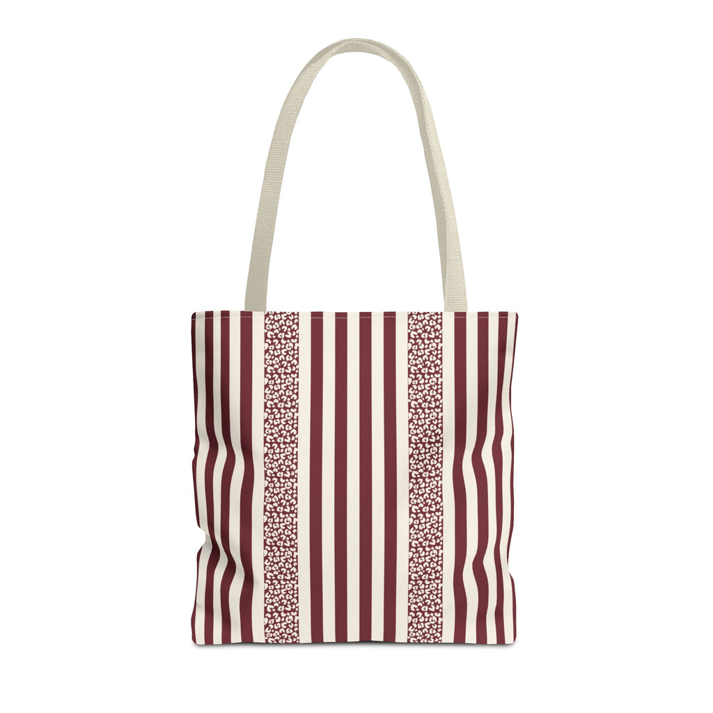 Burgundy Cream Leopard Striped Tote Bag with cream handles, front packshot