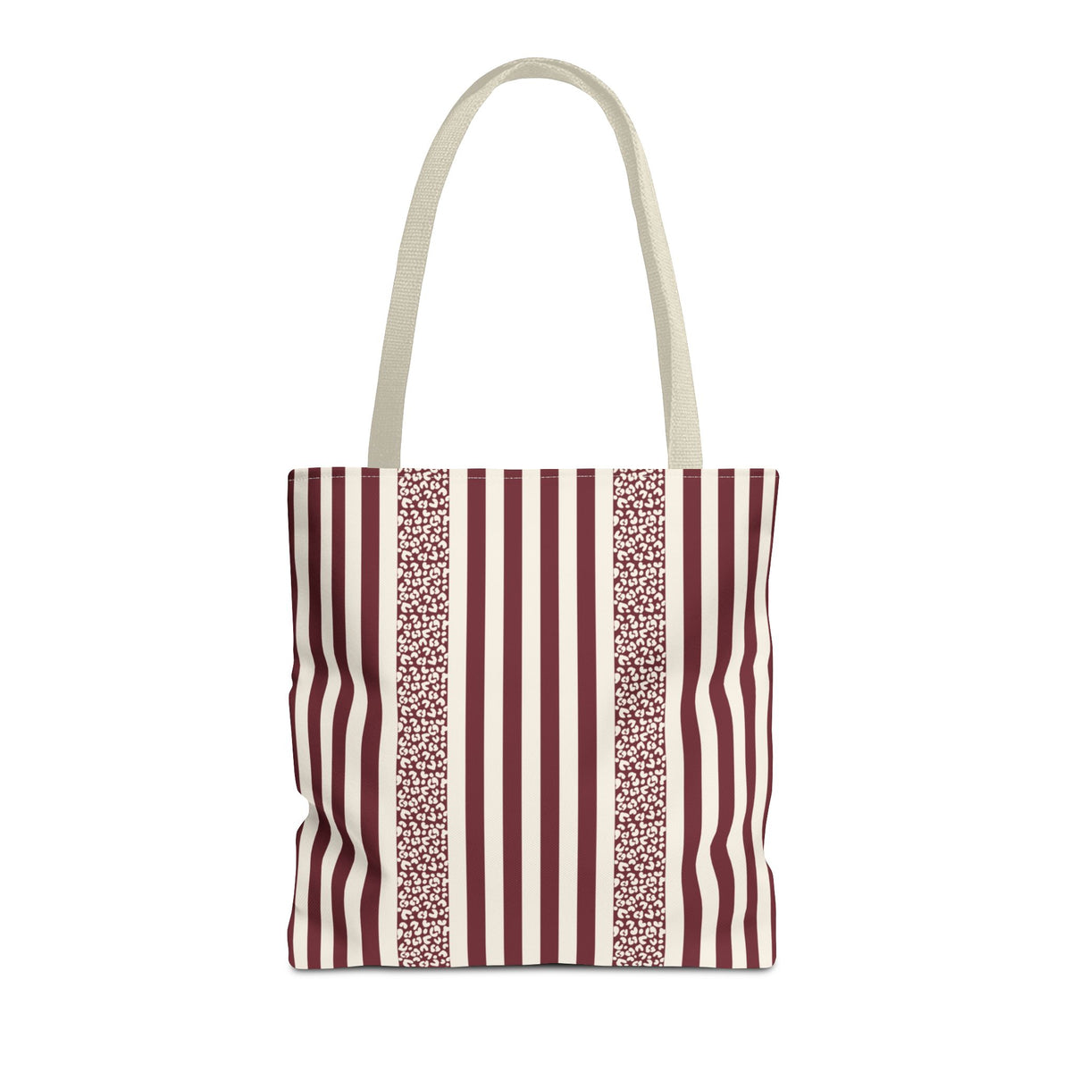 Burgundy Cream Leopard Striped Tote Bag with cream handles, front packshot