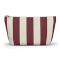 Burgundy cream striped makeup bag with T-bottom and gold zipper pull, front view