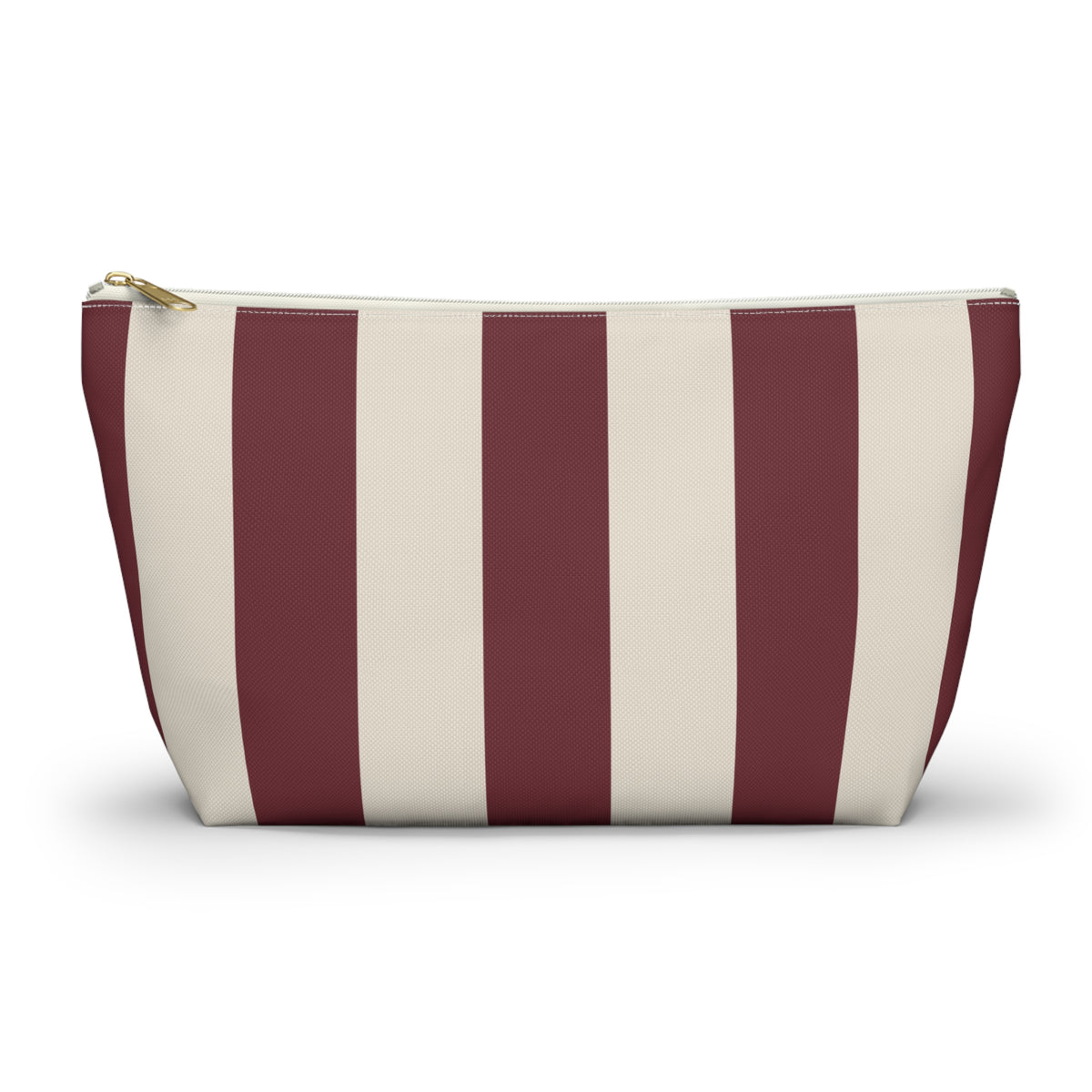 Burgundy cream striped makeup bag with T-bottom and gold zipper pull, front view