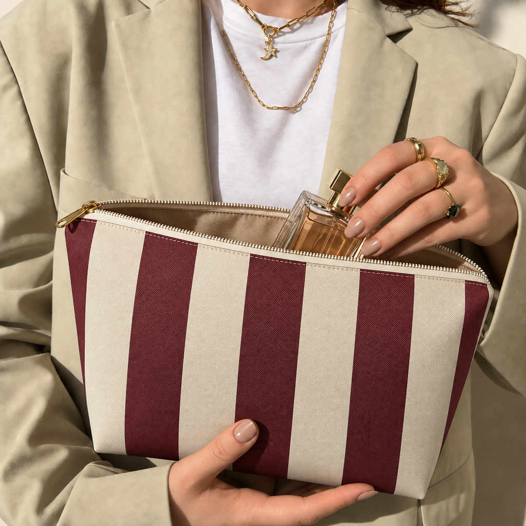 Hands holding the open burgundy cream striped makeup bag