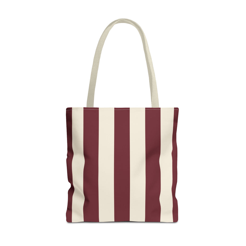 Burgundy cream striped tote bag with beige handles, front view on white background