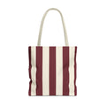 Burgundy cream striped tote bag with beige handles, front view on white background