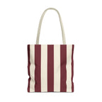 Burgundy cream striped tote bag with beige handles, front view on white background