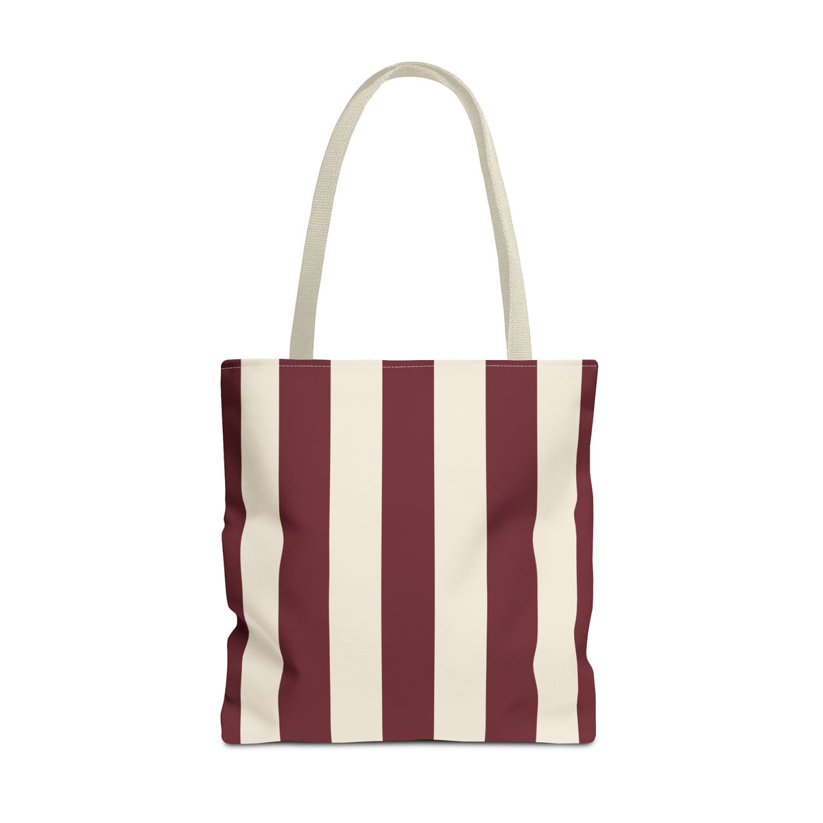 Burgundy cream striped tote bag with beige handles, front view on white background