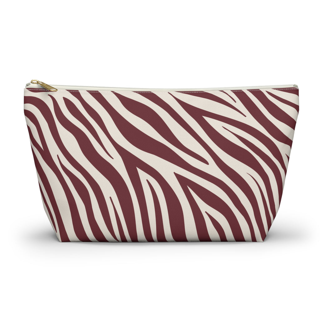 Burgundy Cream Zebra Print Makeup Bag with burgundy stripes on cream, front view