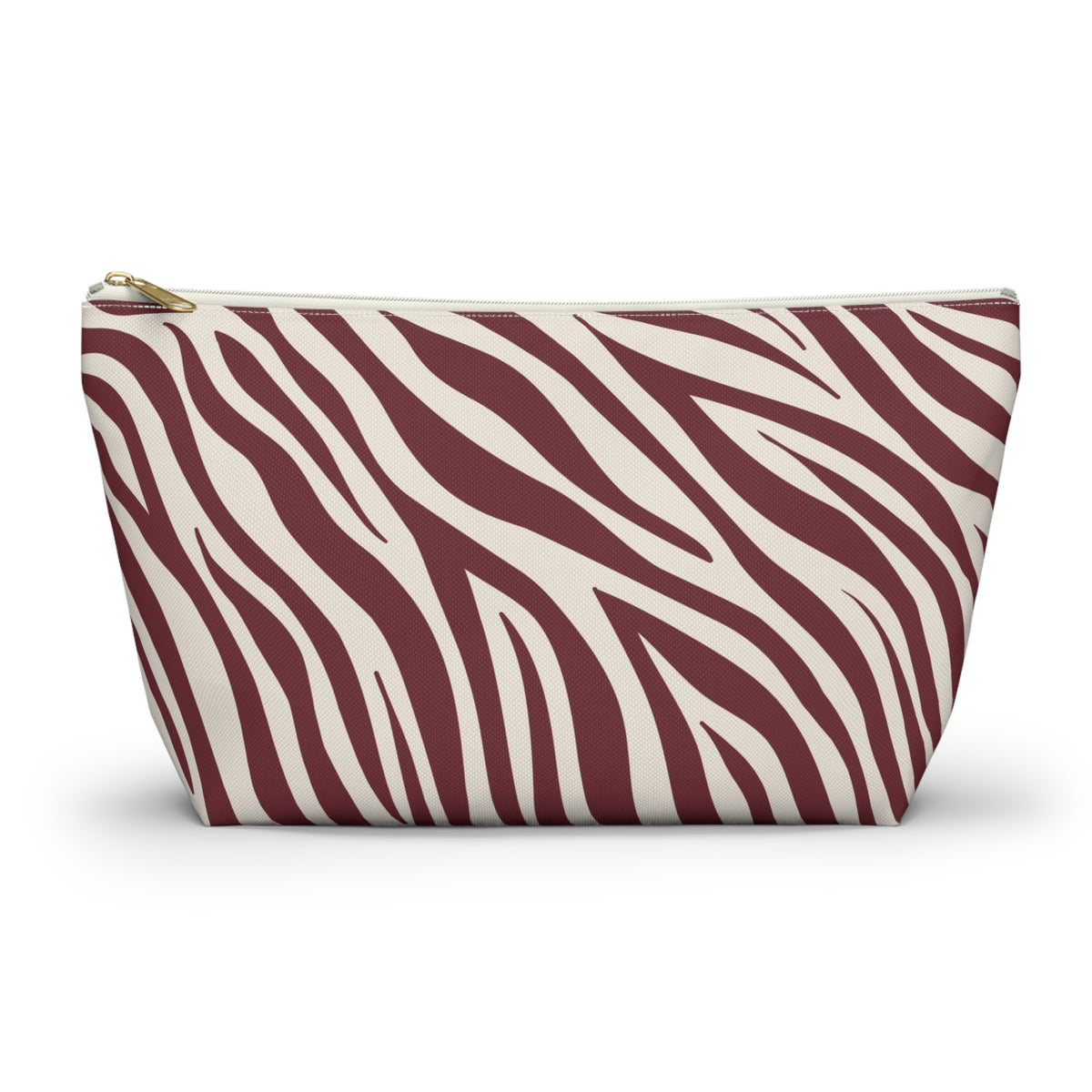 Burgundy Cream Zebra Print Makeup Bag with burgundy stripes on cream, front view