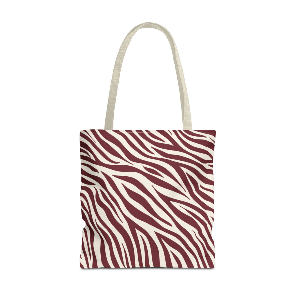 Burgundy Cream Zebra Print Tote Bag with burgundy zebra stripes on a cream background, front view