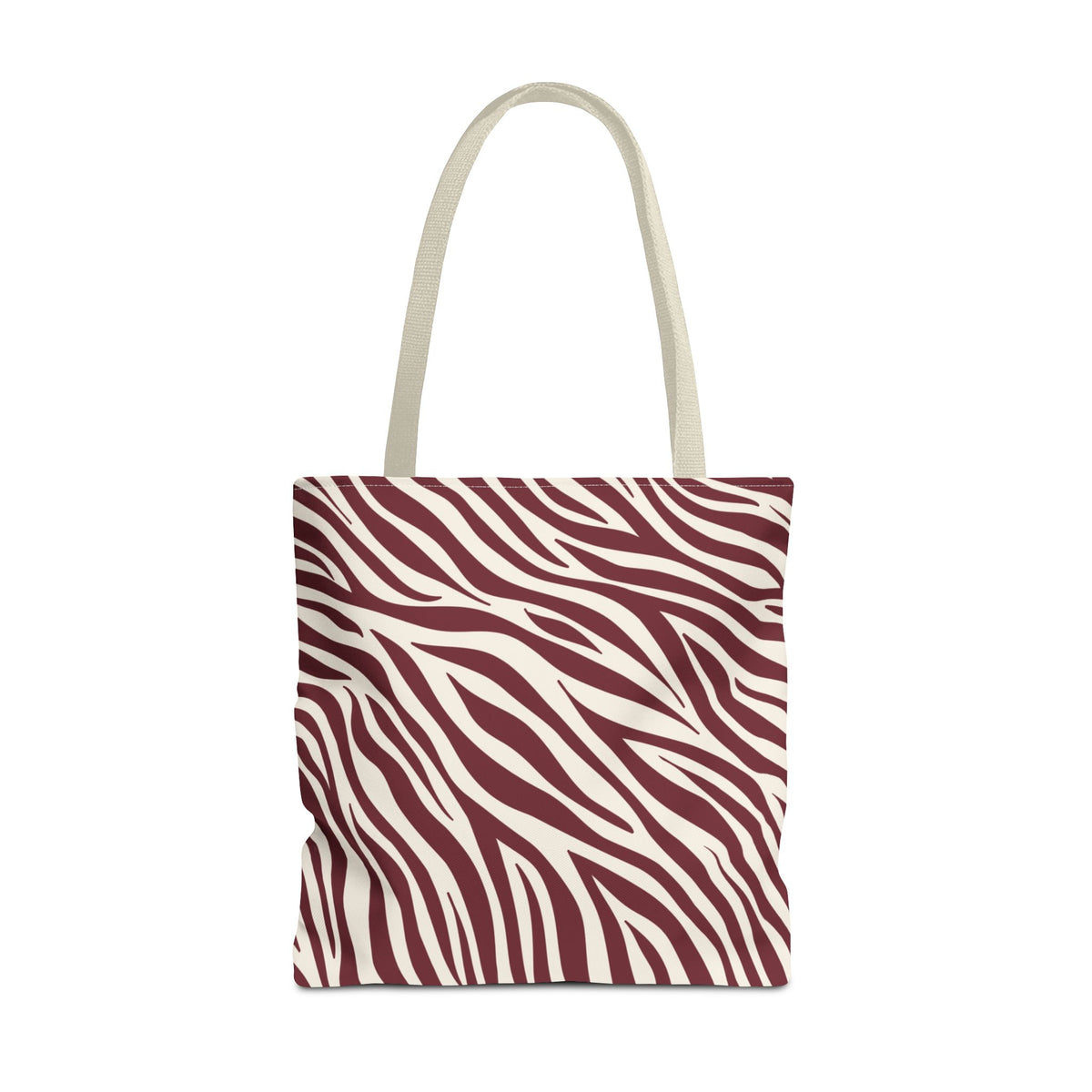 Burgundy Cream Zebra Print Tote Bag with burgundy zebra stripes on a cream background, front view