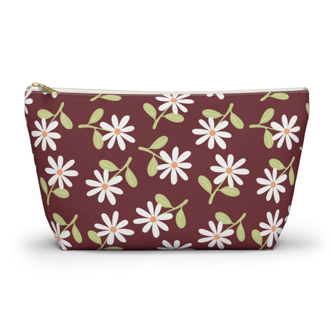 Burgundy Daisy Floral Makeup Bag