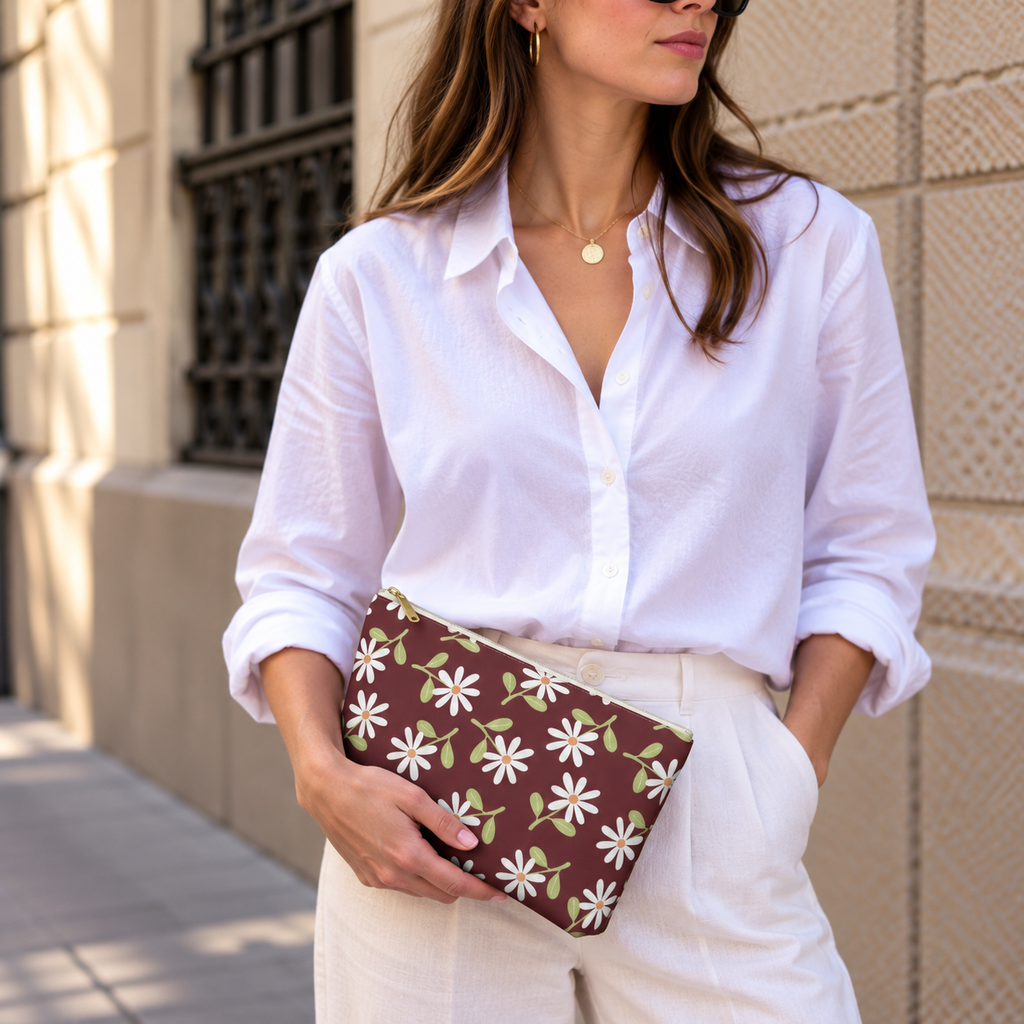 Model in a white shirt holding the burgundy daisy floral makeup bag at her waist