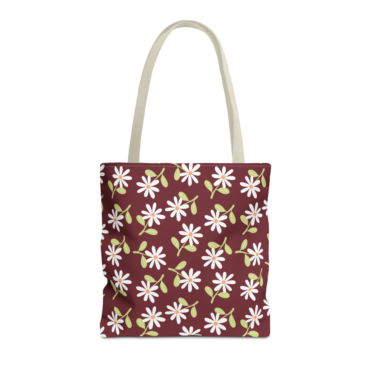 Burgundy daisy floral tote bag with white daisies and sage leaves, front view