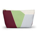 Burgundy green color block makeup bag with gold zipper pull, front view on white background