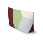Side view of the burgundy green color block makeup bag with T-bottom shape