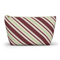 Burgundy green diagonal striped makeup bag with gold zipper pull, front view