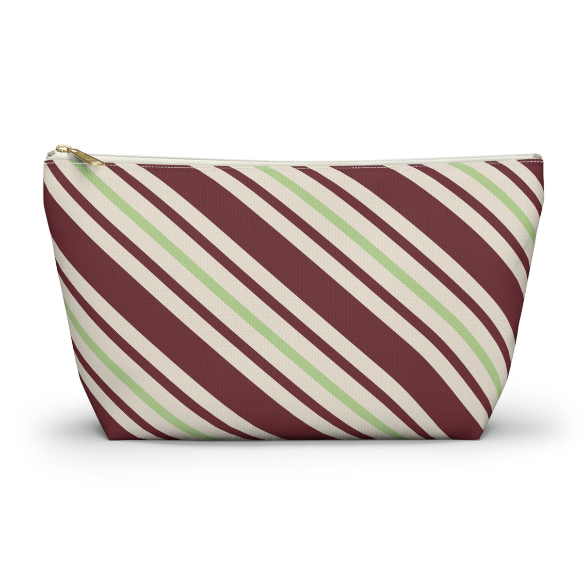Burgundy green diagonal striped makeup bag with gold zipper pull, front view