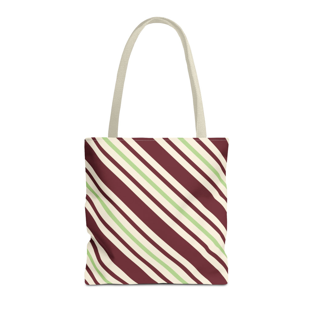 Burgundy green diagonal striped tote bag with cream handles on a white background