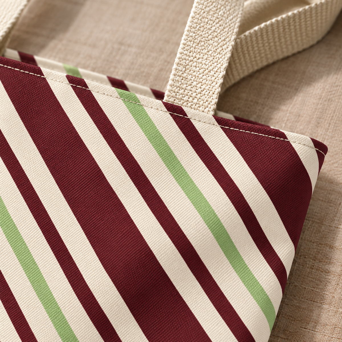 Close-up of the burgundy, sage green and cream diagonal stripes on the tote bag