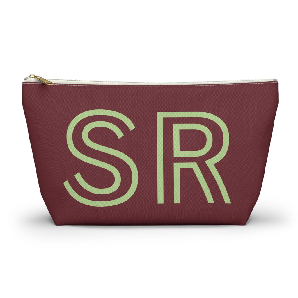 Burgundy Green Monogram personalized makeup bag front view with T-bottom