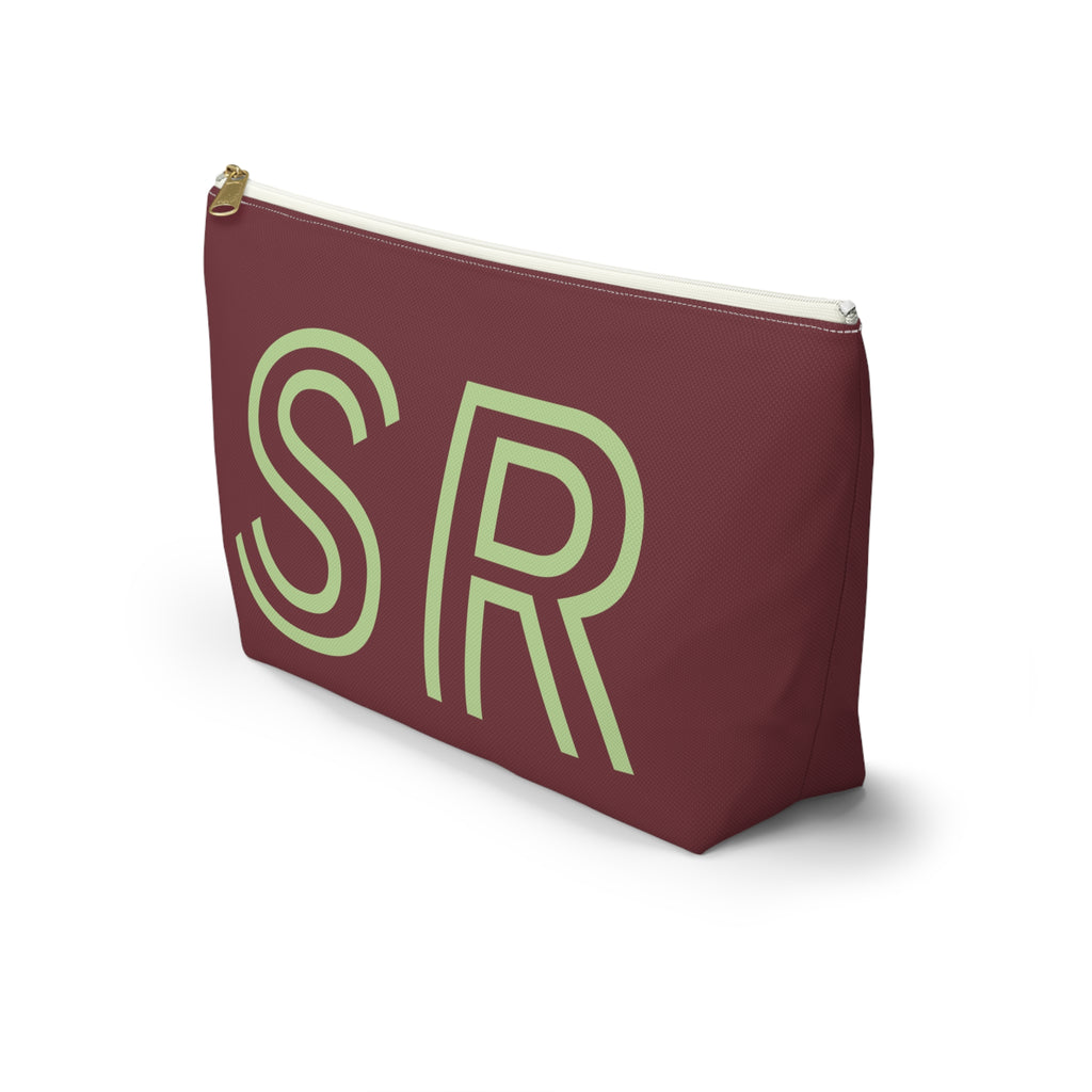 Side view of the Burgundy Green Monogram personalized makeup bag