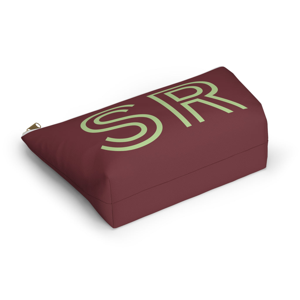 Burgundy Green Monogram personalized makeup bag shown at an angle