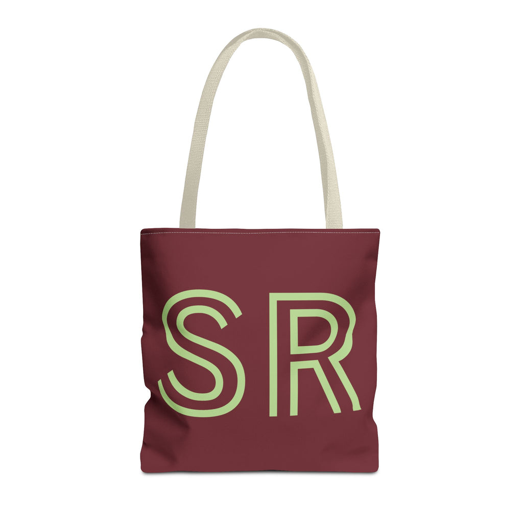 Burgundy Green Monogram personalized tote bag front view with cream handles