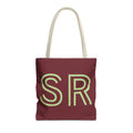 Burgundy Green Monogram personalized tote bag front view with cream handles