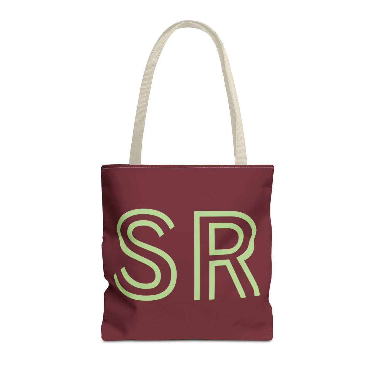 Burgundy Green Monogram personalized tote bag front view with cream handles