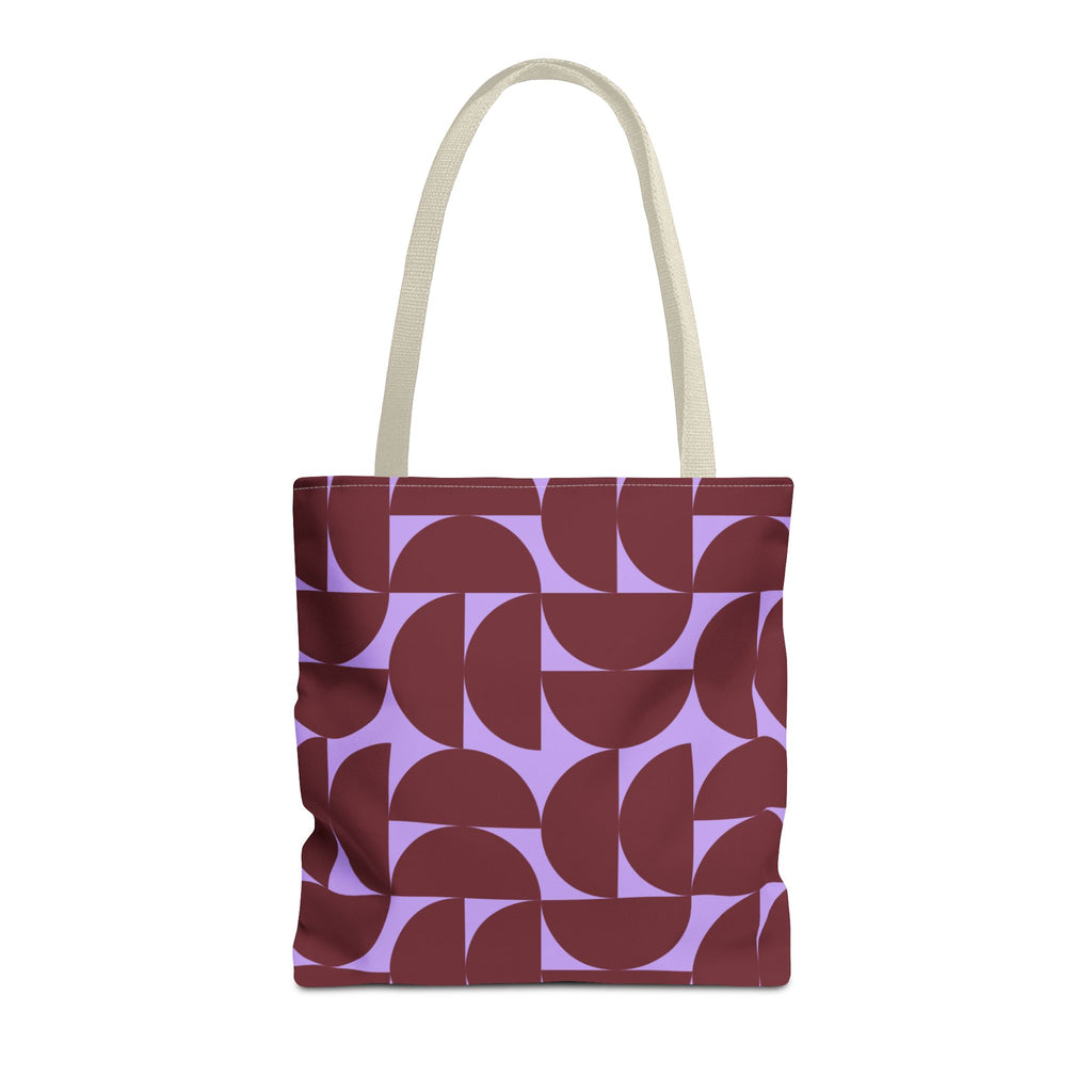 Burgundy lilac half circle tote bag with beige handles, front view on white background