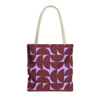 Burgundy lilac half circle tote bag with beige handles, front view on white background