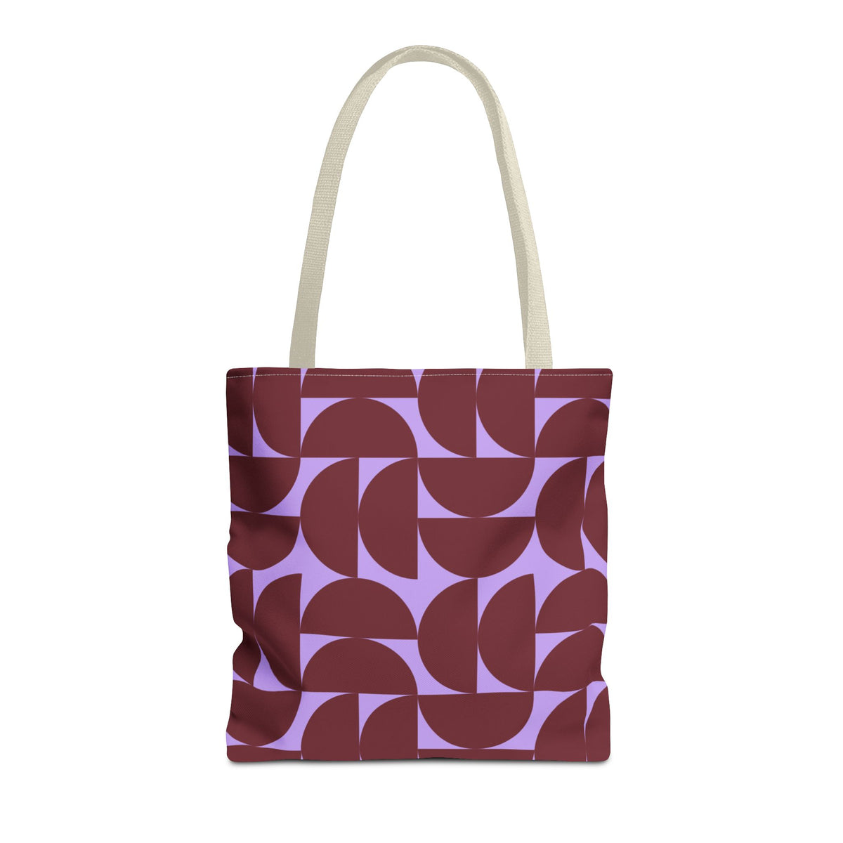 Burgundy lilac half circle tote bag with beige handles, front view on white background