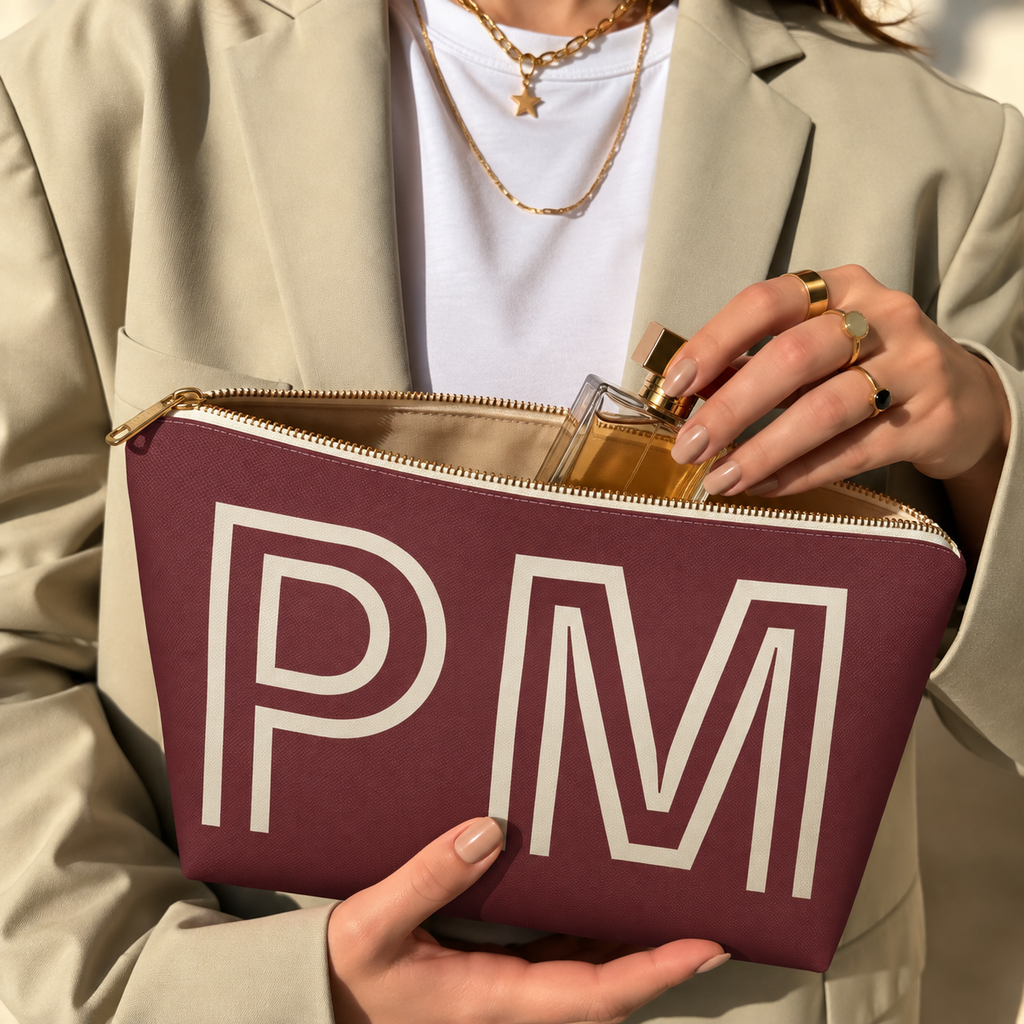 Woman holding the burgundy monogram personalized makeup bag open with a perfume bottle inside