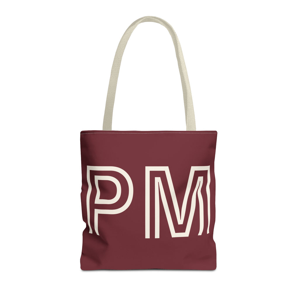 Burgundy monogram personalized tote bag with cream outlined initials, front view