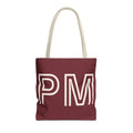 Burgundy monogram personalized tote bag with cream outlined initials, front view