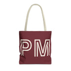 Burgundy monogram personalized tote bag with cream outlined initials, front view