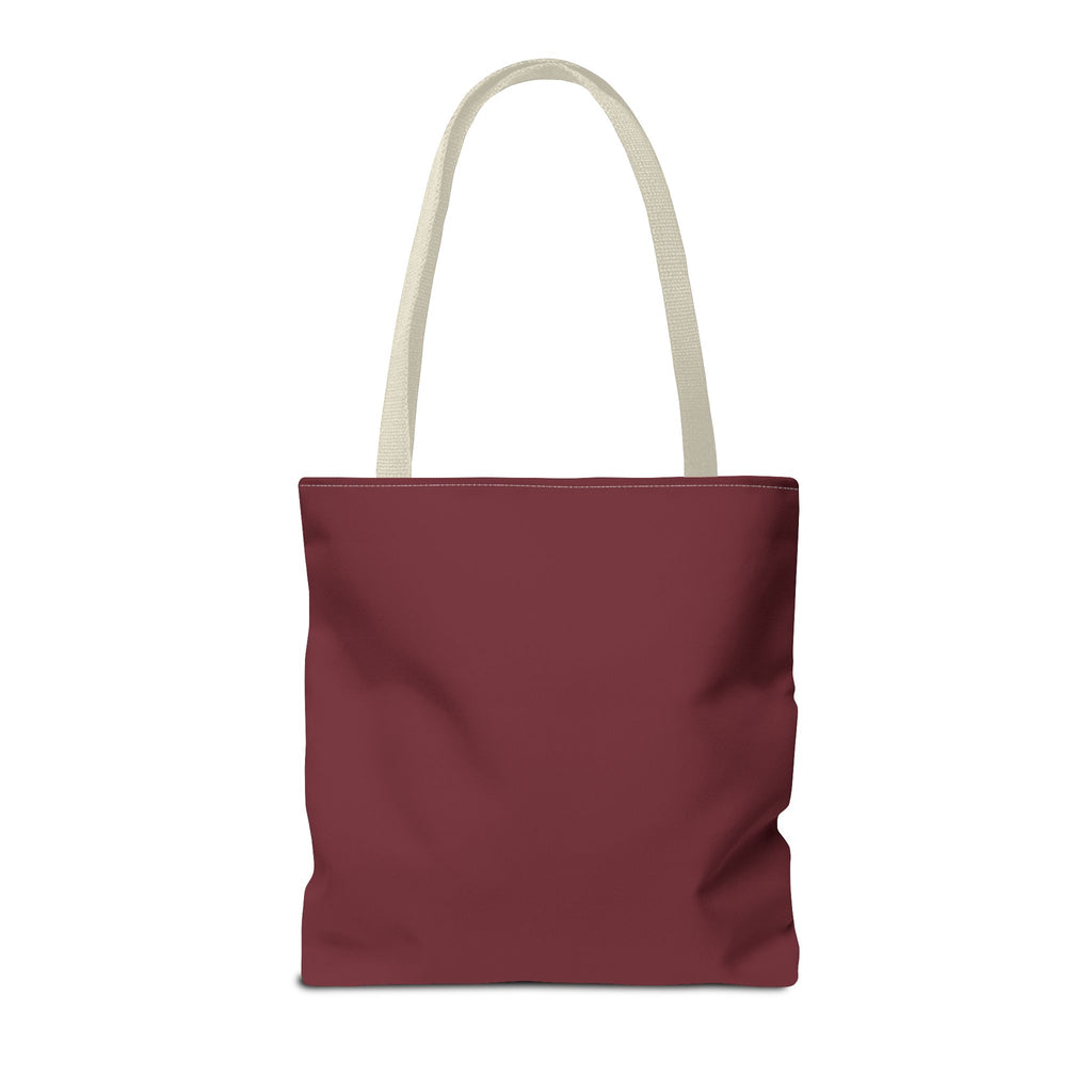 Back of the plain burgundy personalized tote bag with cream handles