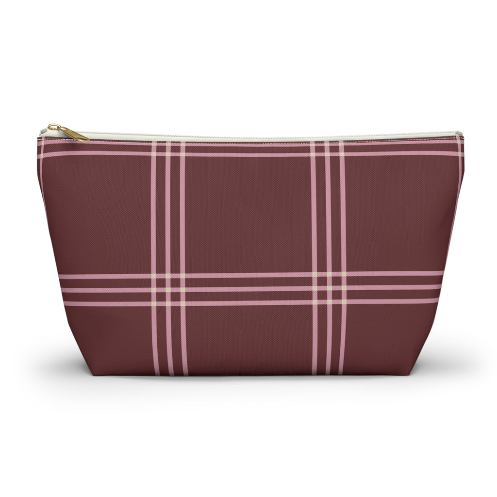 Burgundy pink plaid makeup bag with gold zipper pull, front view