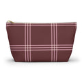 Burgundy pink plaid makeup bag with gold zipper pull, front view