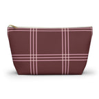 Burgundy pink plaid makeup bag with gold zipper pull, front view