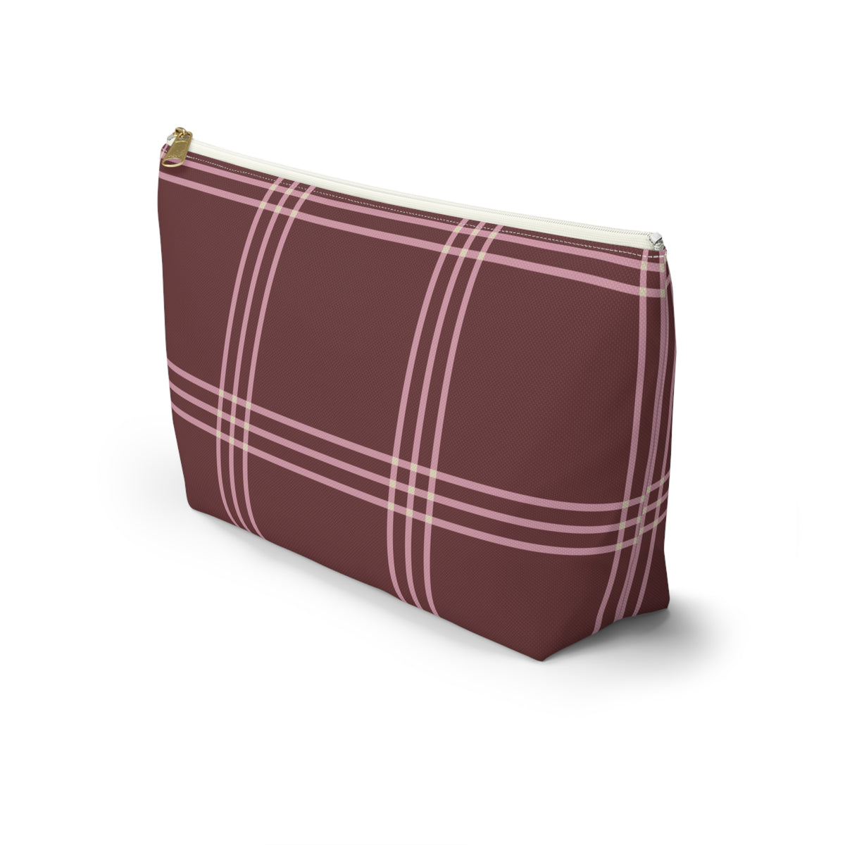 Side view of the burgundy pink plaid makeup bag with flat T-shaped bottom