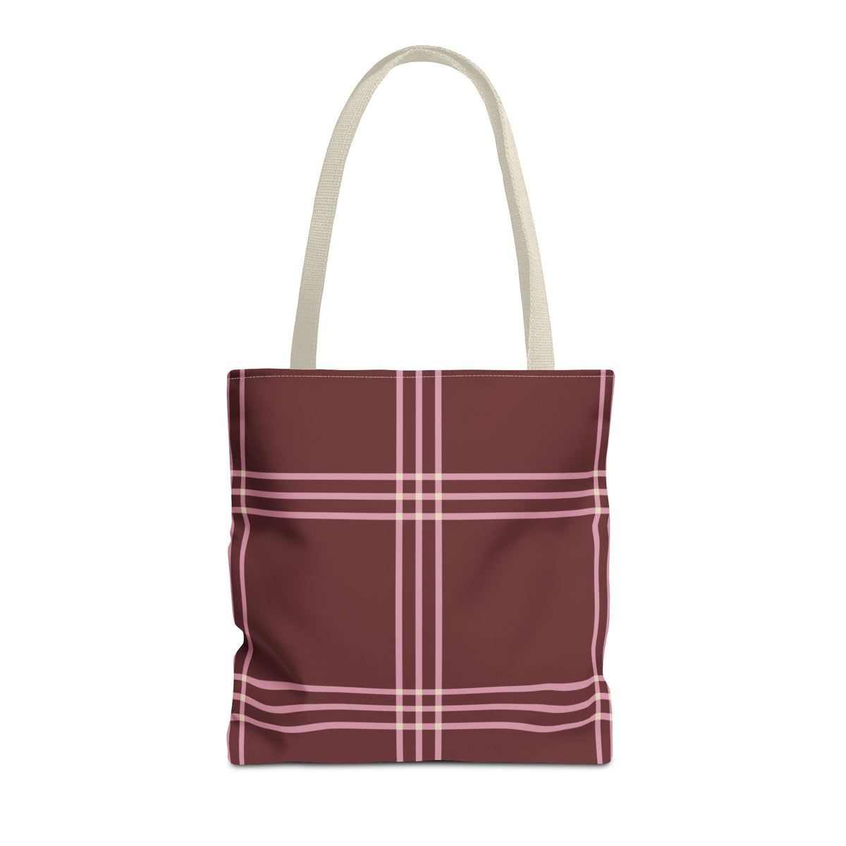 Burgundy pink plaid tote bag with beige handles, front view on white background