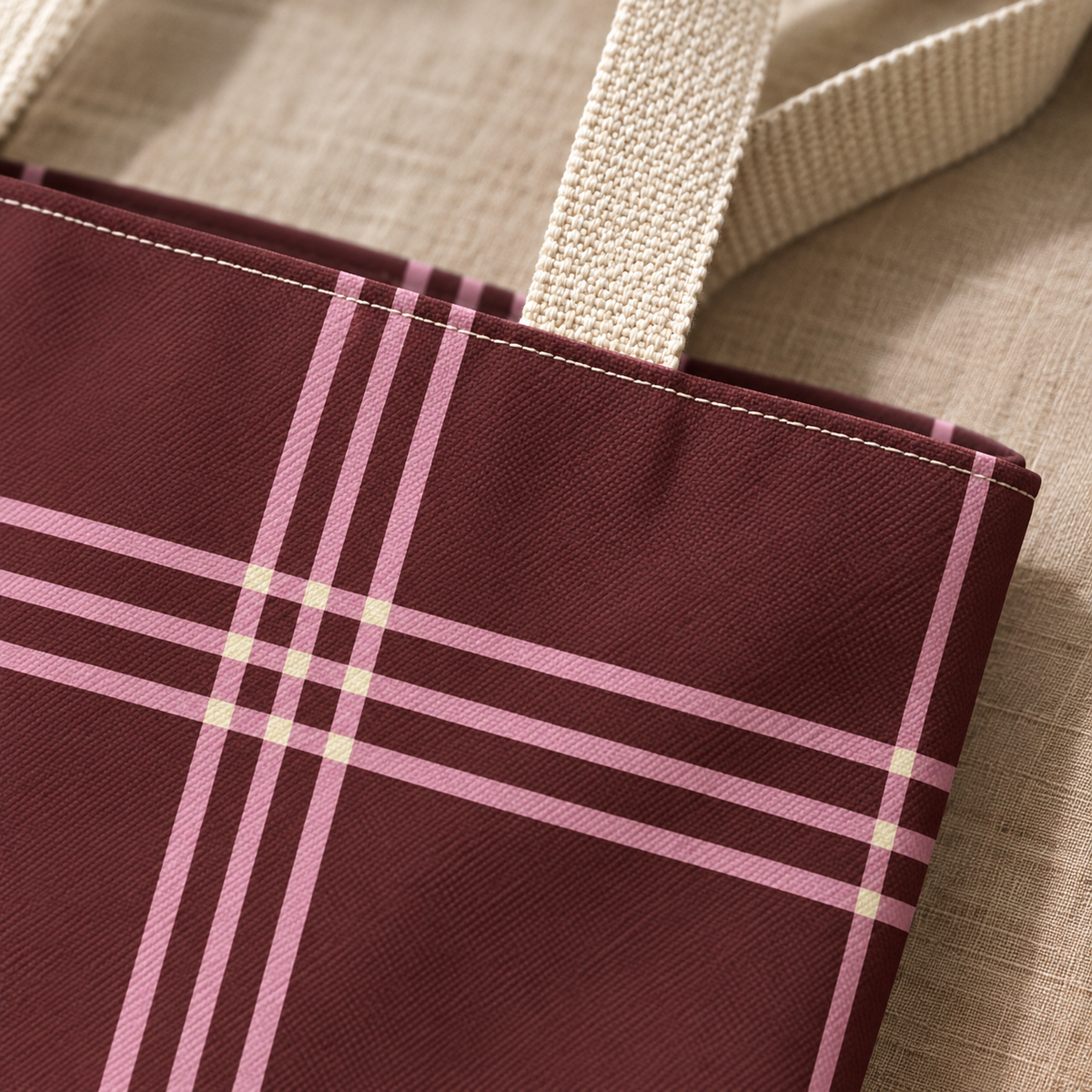 Close-up of the burgundy fabric with pink plaid lines and beige handle on the tote bag