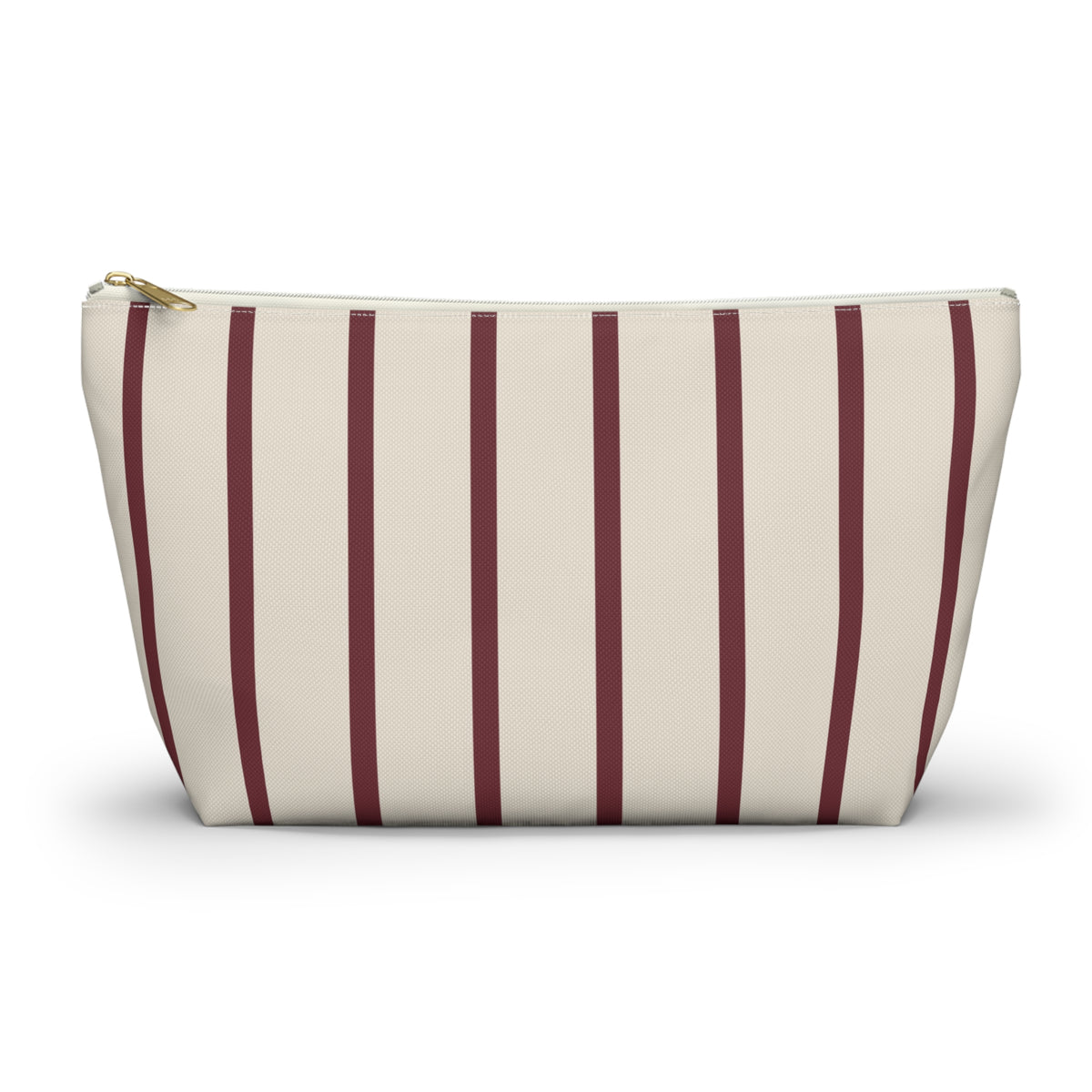 Burgundy pinstripe makeup bag with T-bottom and gold zipper pull, front view