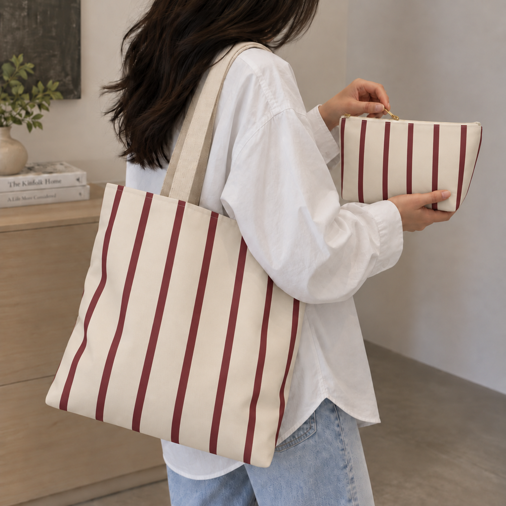 Woman carrying the burgundy pinstripe tote bag with the matching makeup bag in her hand