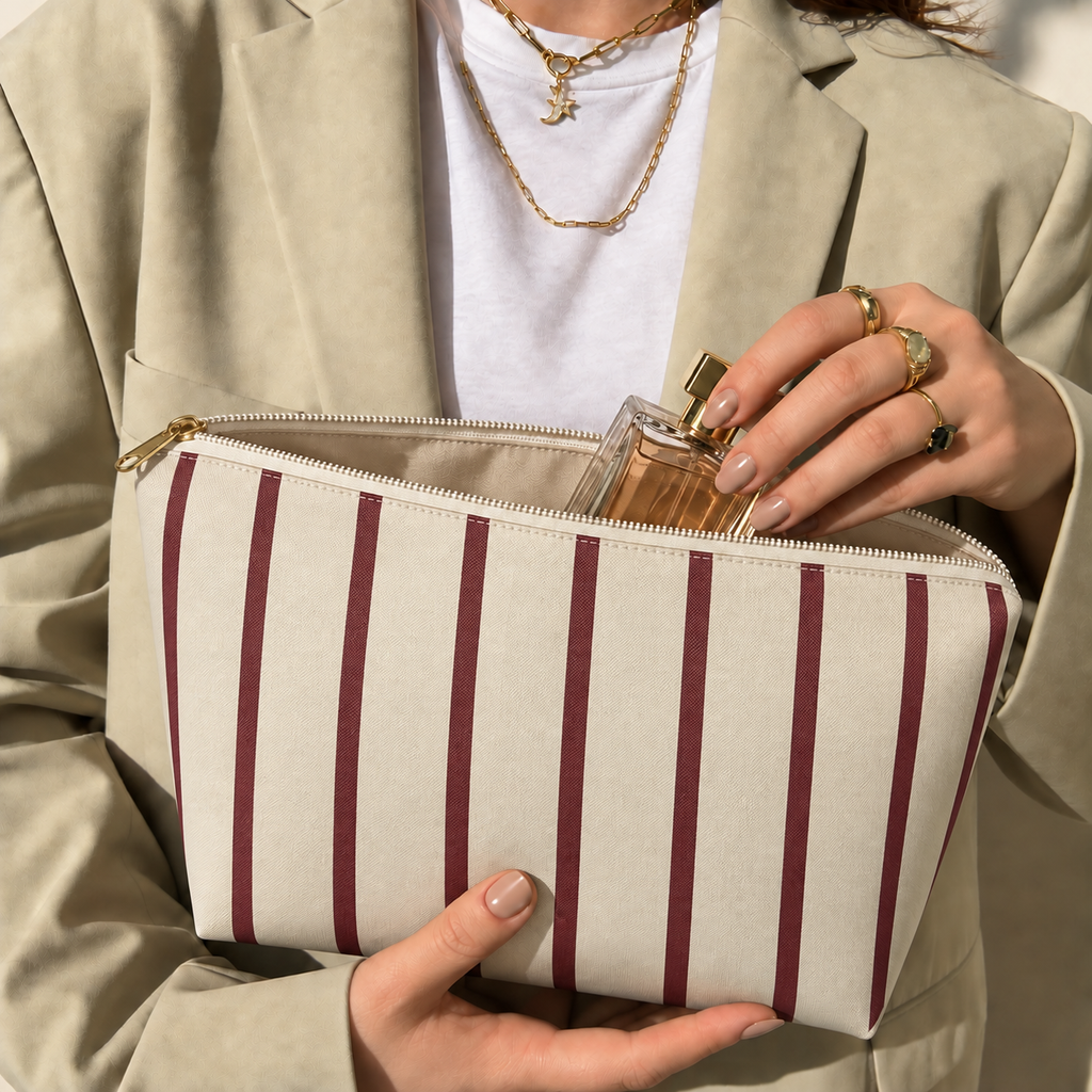 Hands holding the open burgundy pinstripe makeup bag