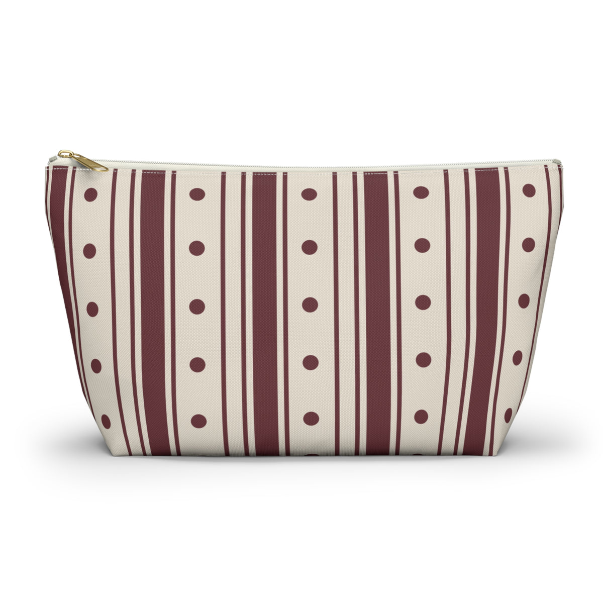 Burgundy polka dot striped makeup bag with T-bottom and gold zipper pull, front view